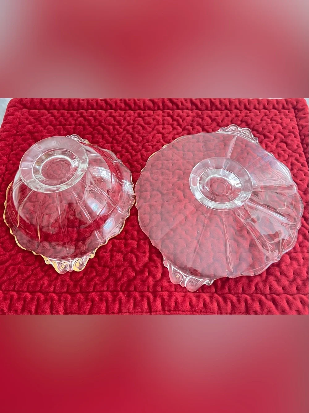 Vintage Clear Glass Serving Bowl & Platter with Gold Trim